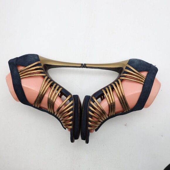 Tory Burch Women's Size 8 M  Blue Navy /Gold Suede Strappy Heels - Picture 7 of 10
